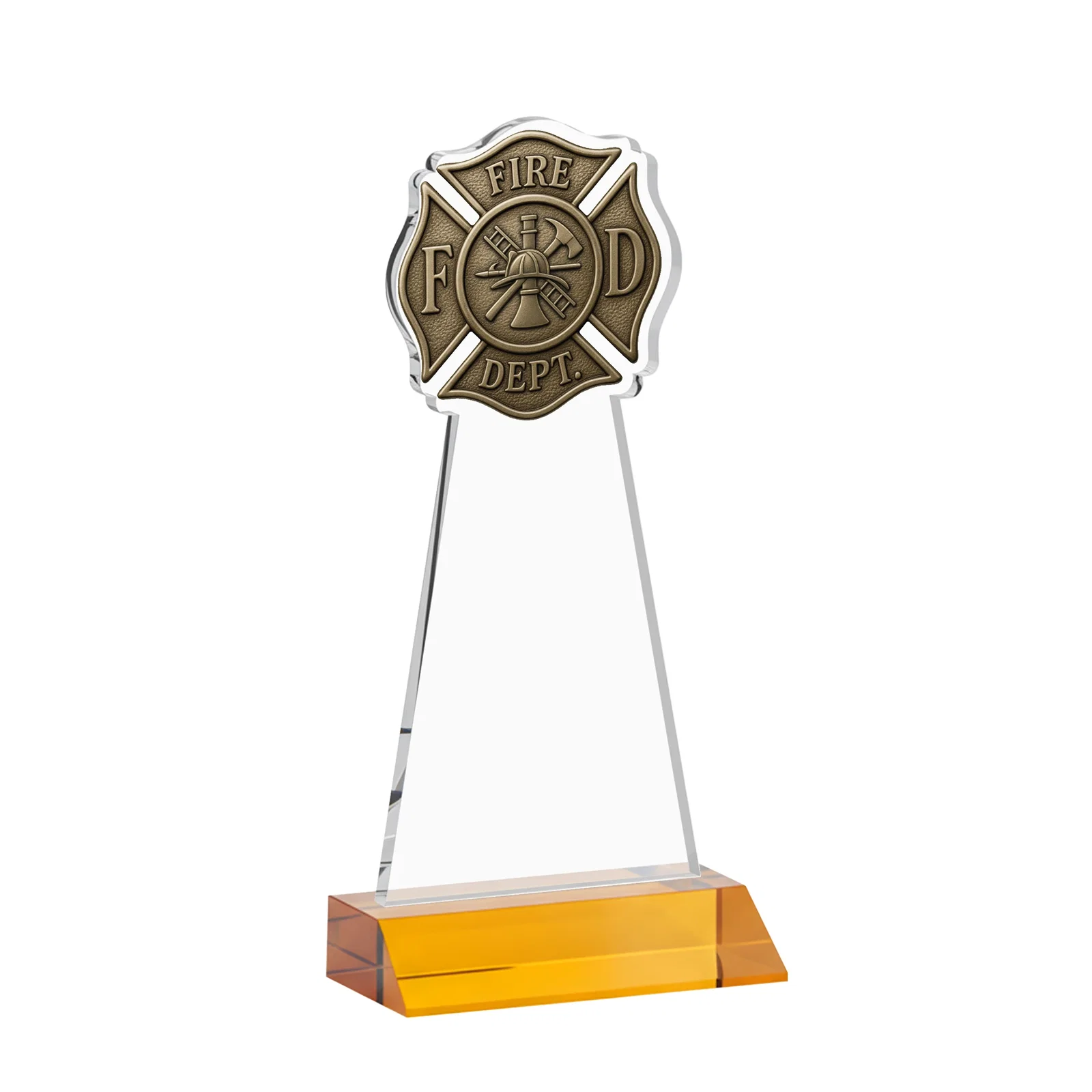 Custom engraved Starfire Crystal Fire Department Award on Front-Mitered Base for retirement presentations