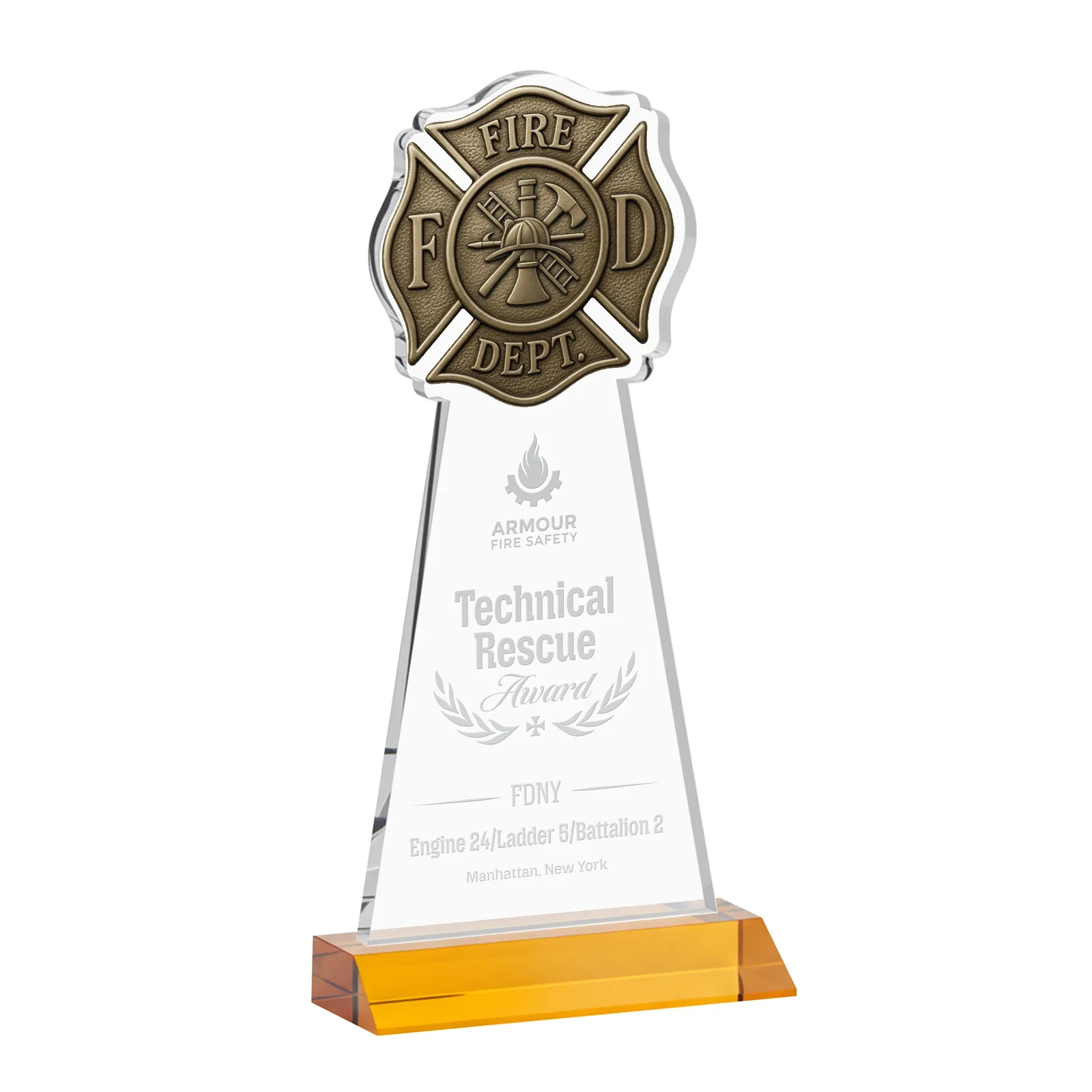 Custom Starfire Crystal Fire Department Award on Front-Mitered Base for graduation ceremonies
