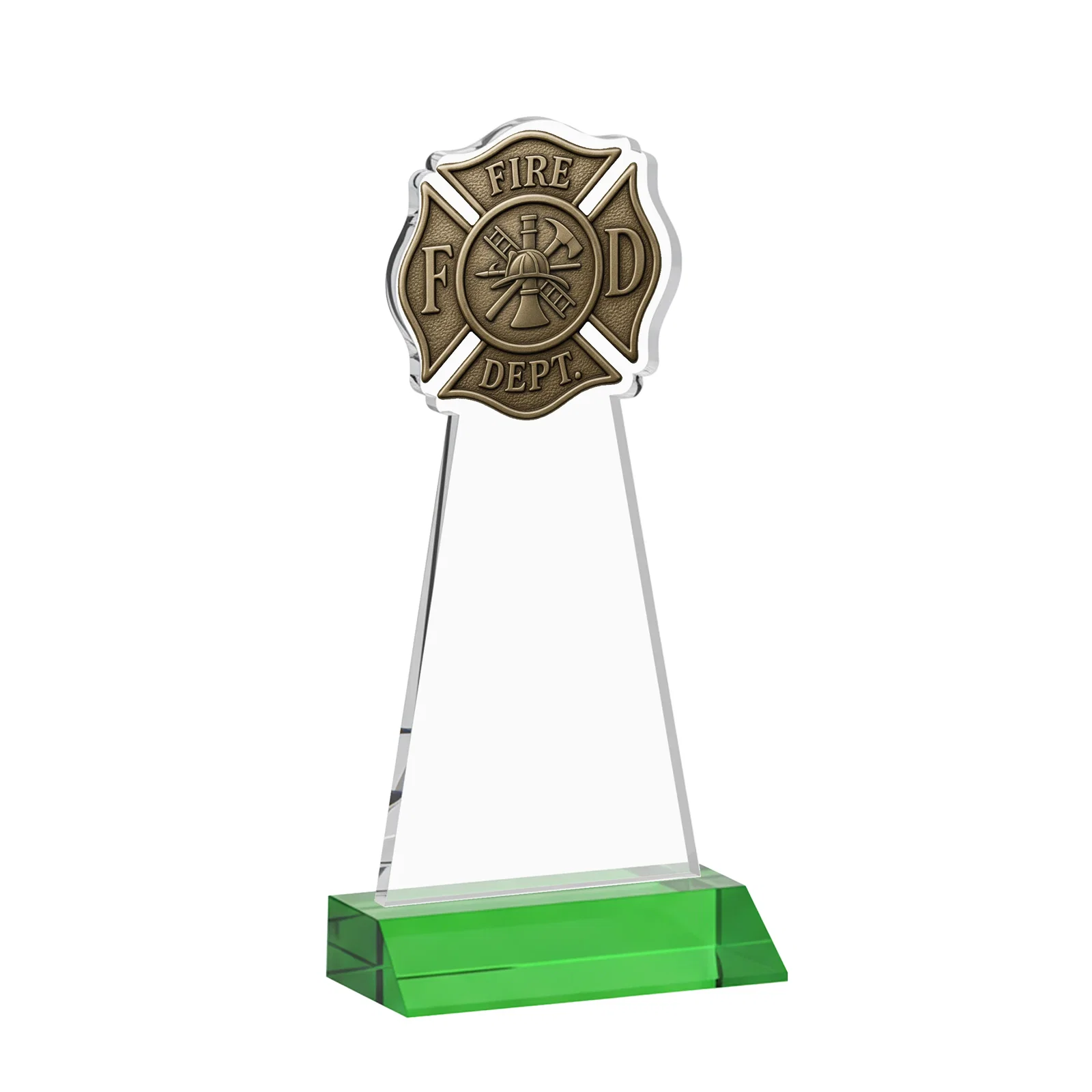 Custom engraved Starfire Crystal Fire Department Award on Front-Mitered Base for graduation ceremonies