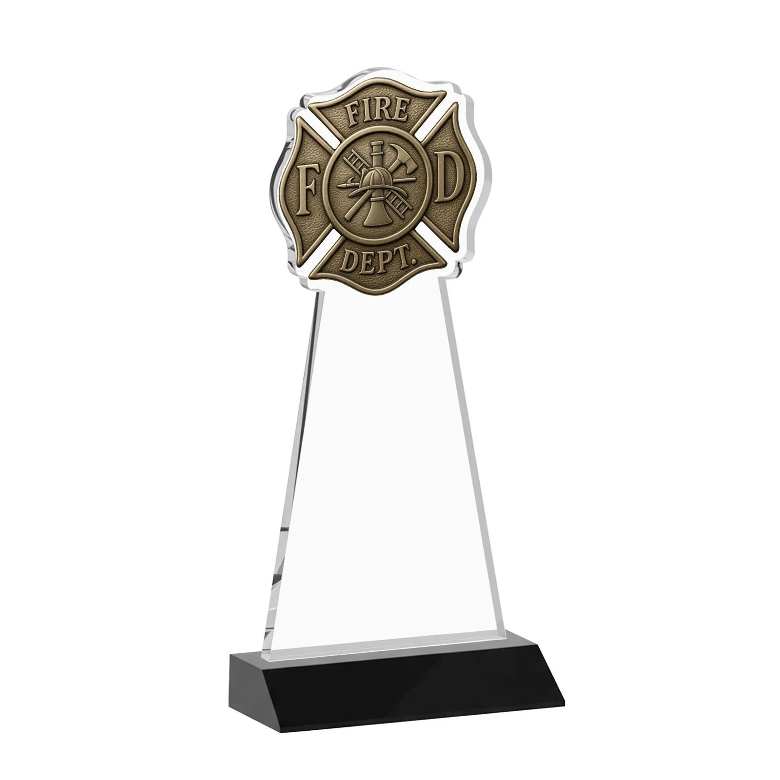 Custom engraved Starfire Crystal Fire Department Award on Front-Mitered Base for company anniversary events