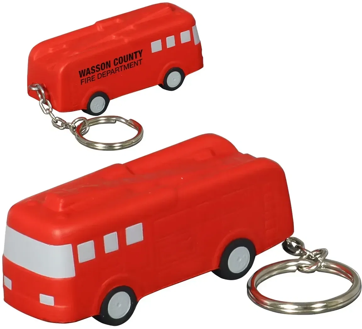 Fire Truck Stress Reliever Keychain, a custom logo fire-truck promotional stress ball clipped to keys
