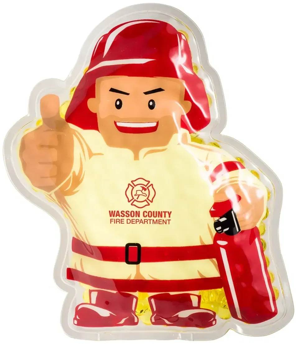 Firefighter Aqua Pearls custom hot/cold pack, branded fire-themed therapy pack for safety fairs