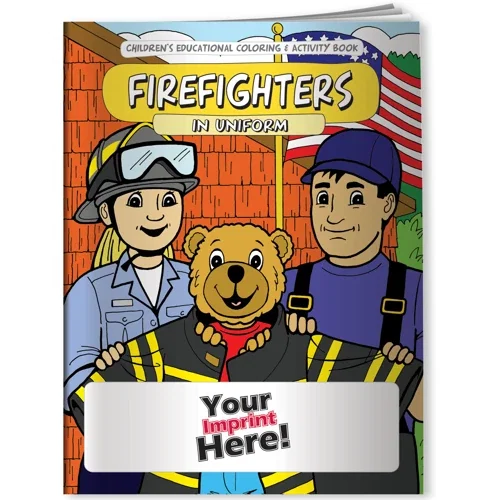 Firefighters in Uniform coloring book front cover, kids fire safety promo giveaway