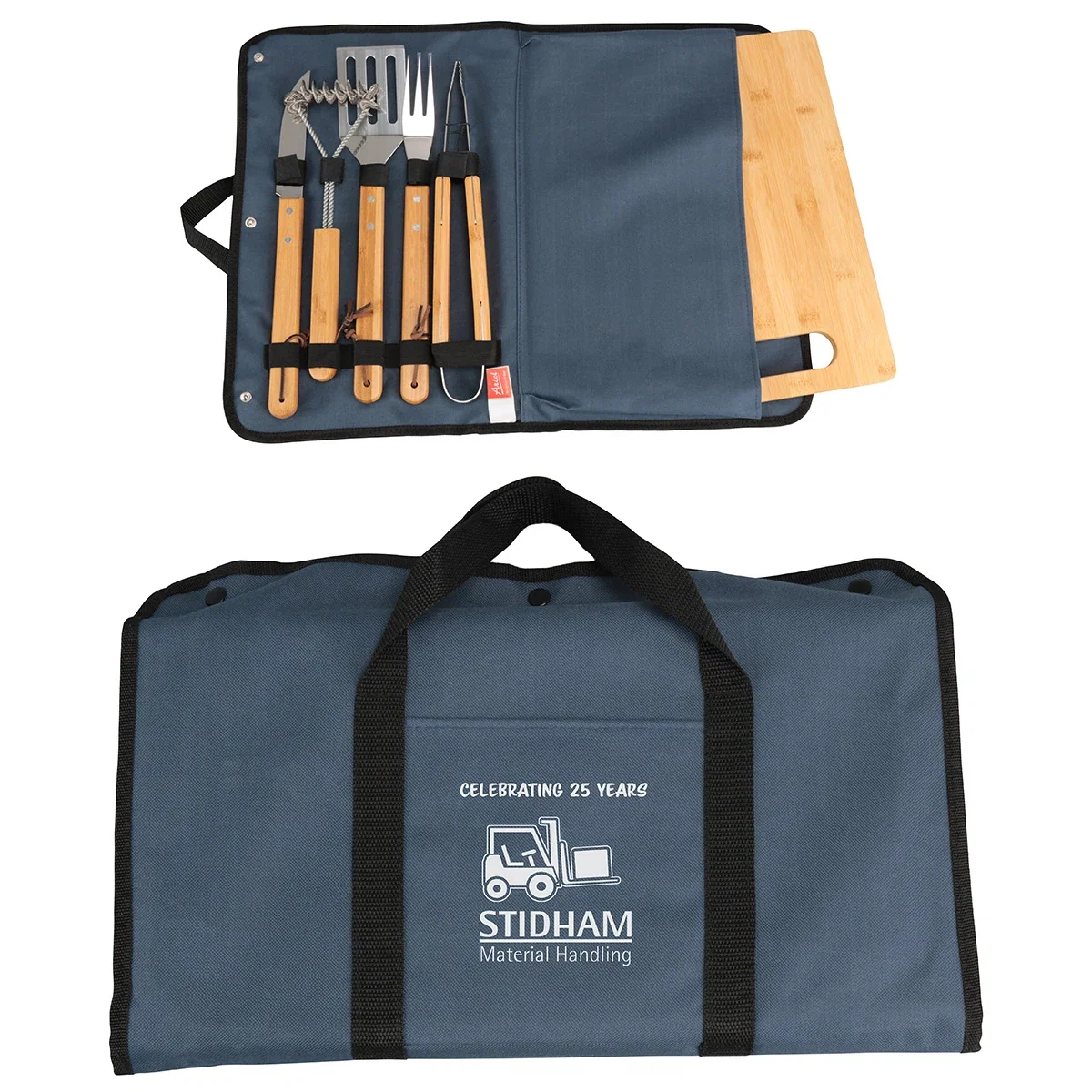 Custom Firepit 5-Piece BBQ Set, front view with cutting board and carrying case