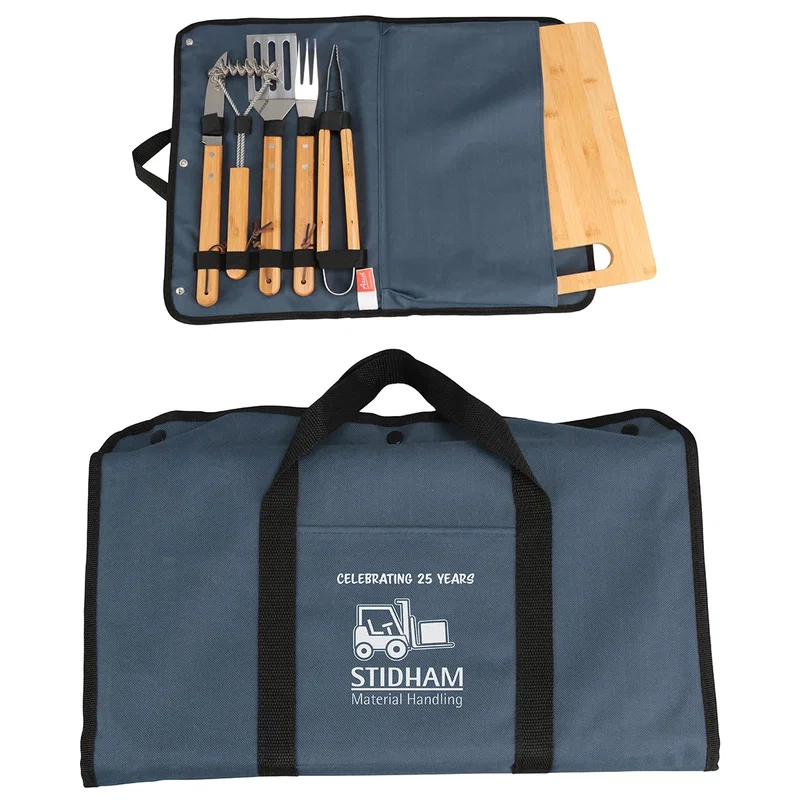 Custom Firepit 5-Piece BBQ Set, front view with cutting board and carrying case