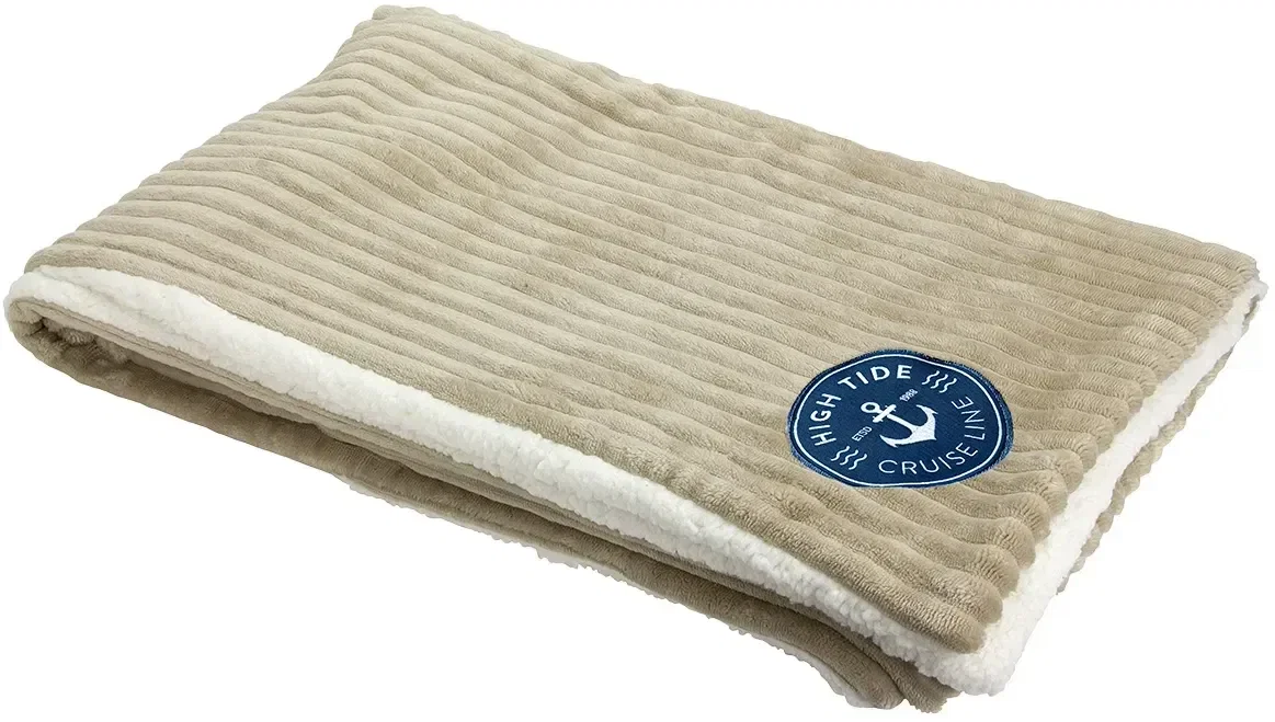 Fireside custom Sherpa and flannel blanket, branded throw with jacquard flannel top, front view
