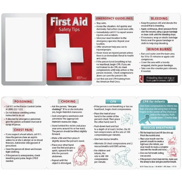 First Aid & Medical Emergency Guide Card back panel with rescue breathing and CPR steps