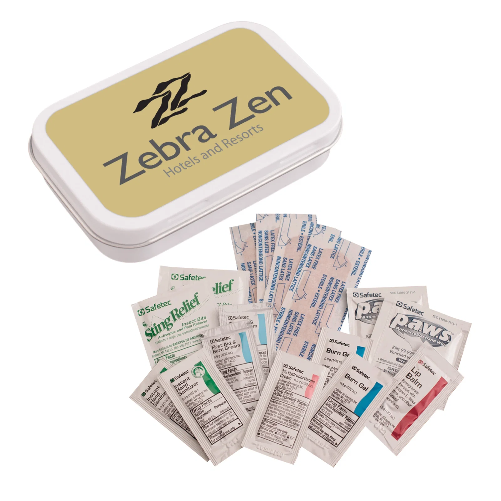 First aid kit packed in a slim silver tin