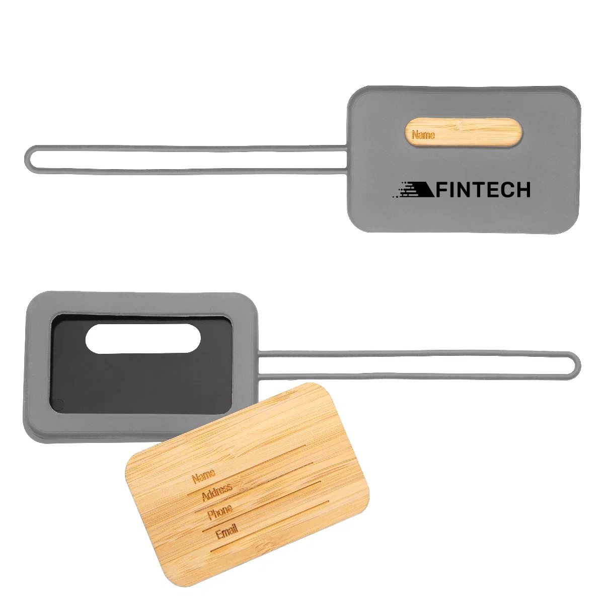Bamboo and silicone luggage tag measuring just over three inches wide