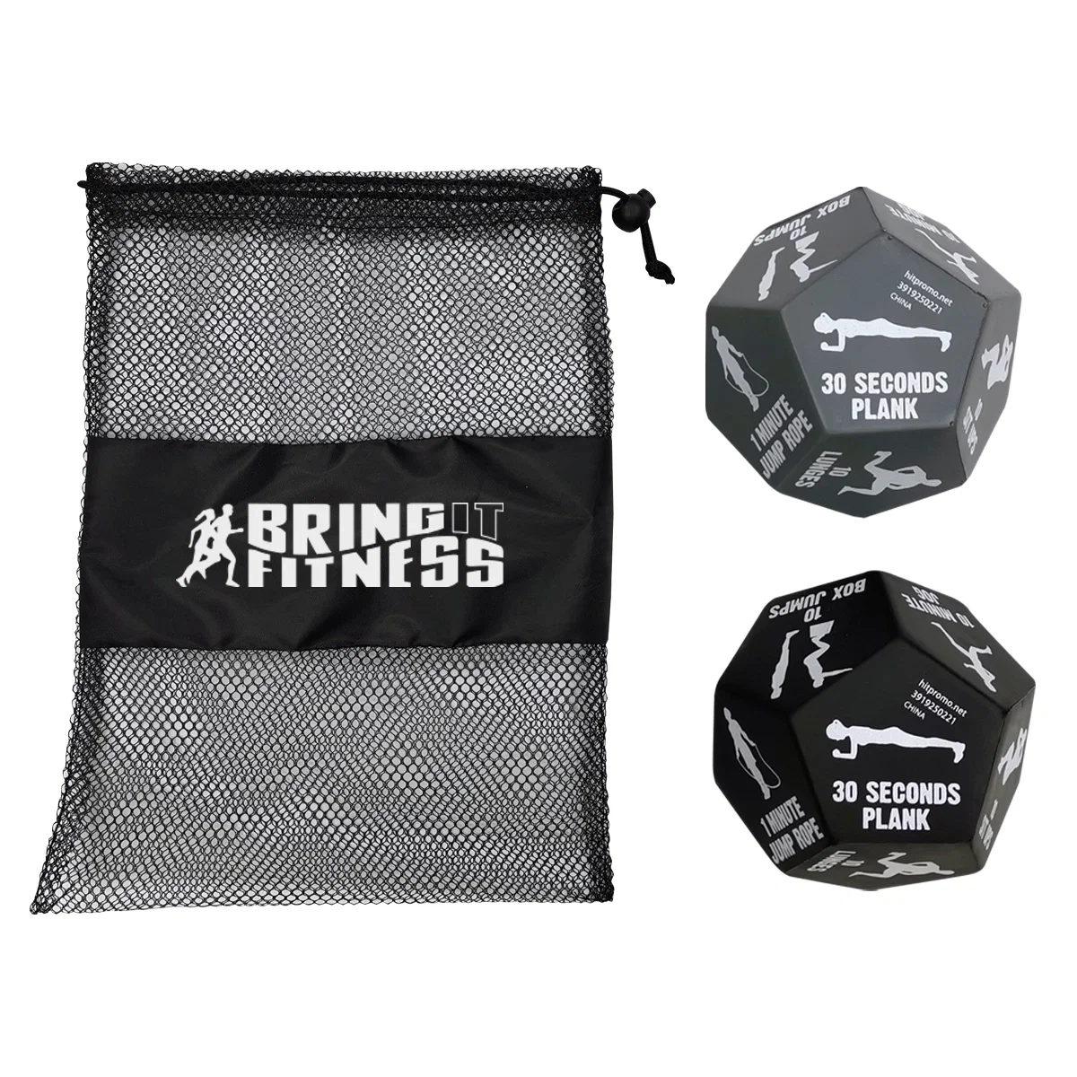 Exercise dice game packaged with a black carrying pouch