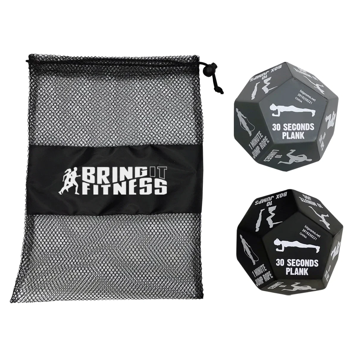 Pouch laid flat beside the fitness game pieces