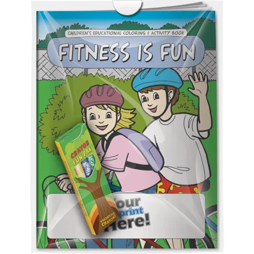 Fitness is Fun coloring book and crayons combo pack, front cover hero view
