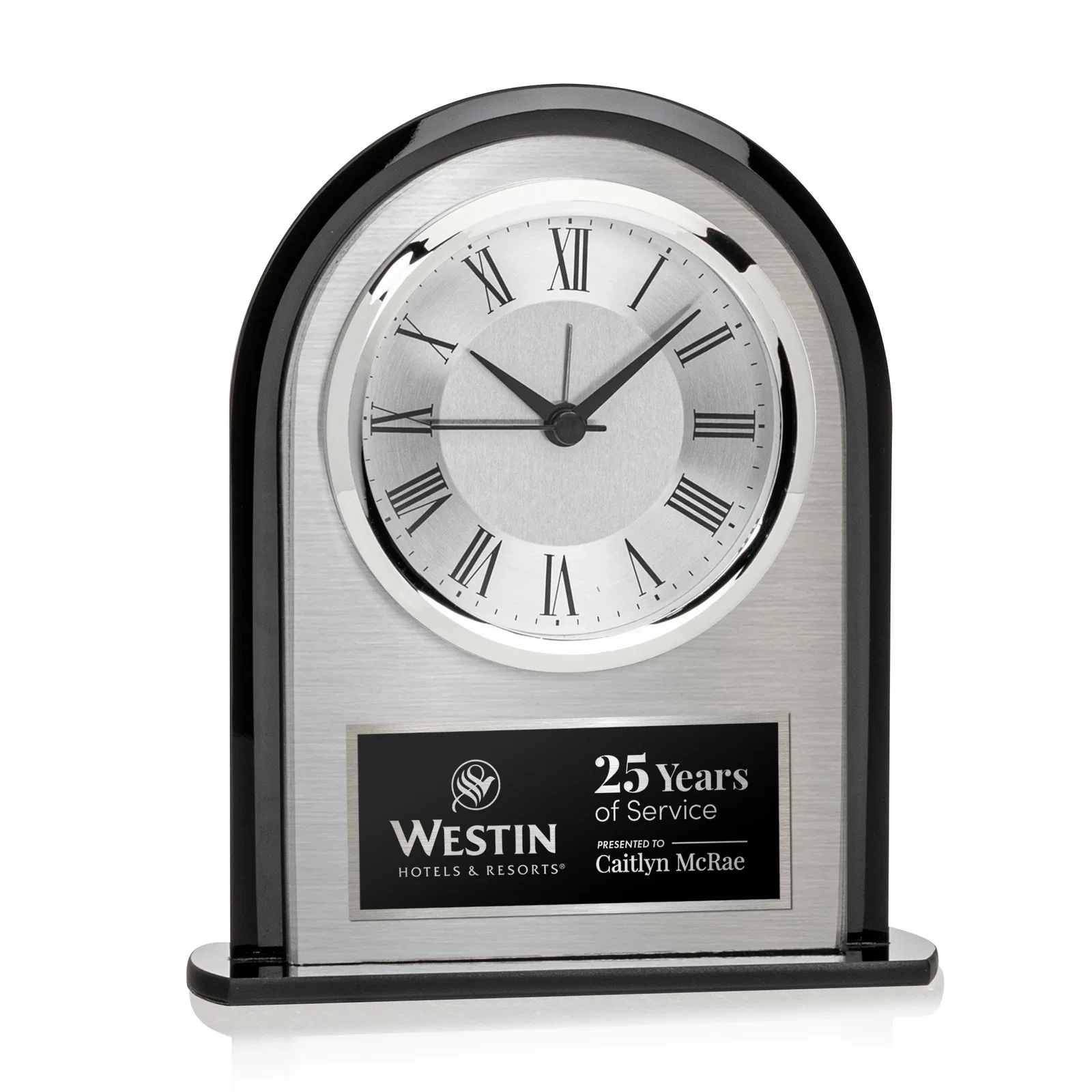 Custom Brushed Aluminum Desk Clock with Black Border and Silver Bezel for employee recognition