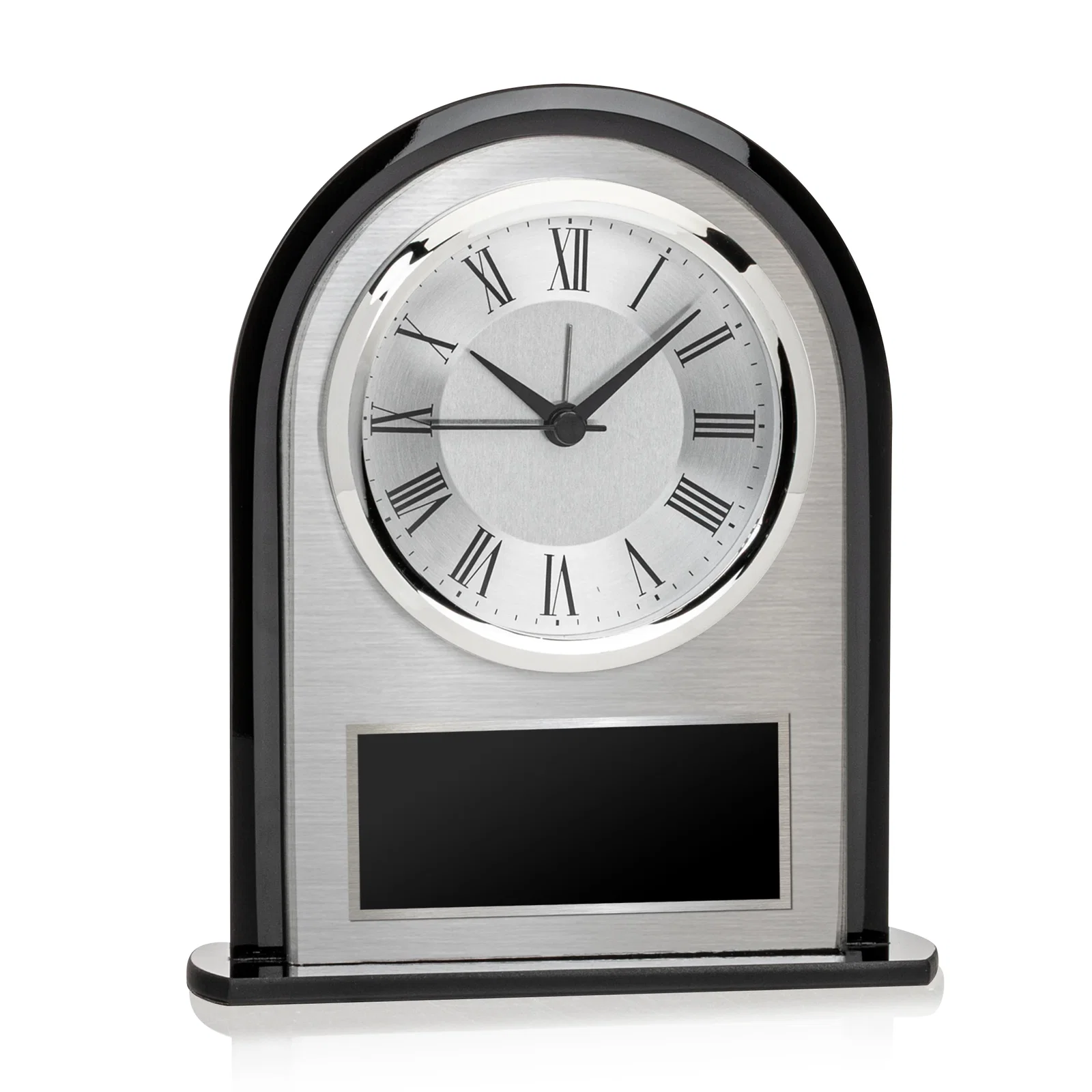 Custom Brushed Aluminum Desk Clock with Black Border and Silver Bezel for corporate award ceremonies