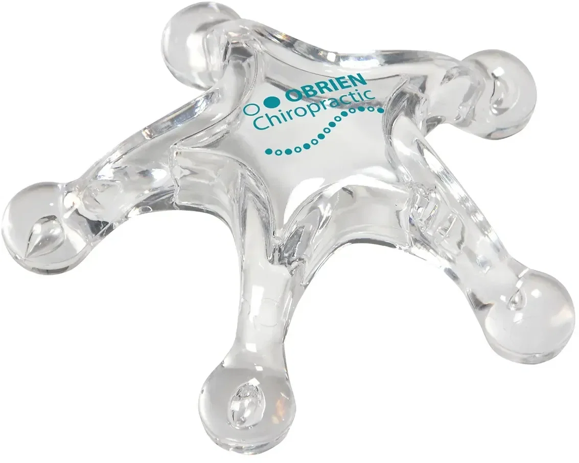 Side view of the branded five-point star massager, a promotional spa giveaway
