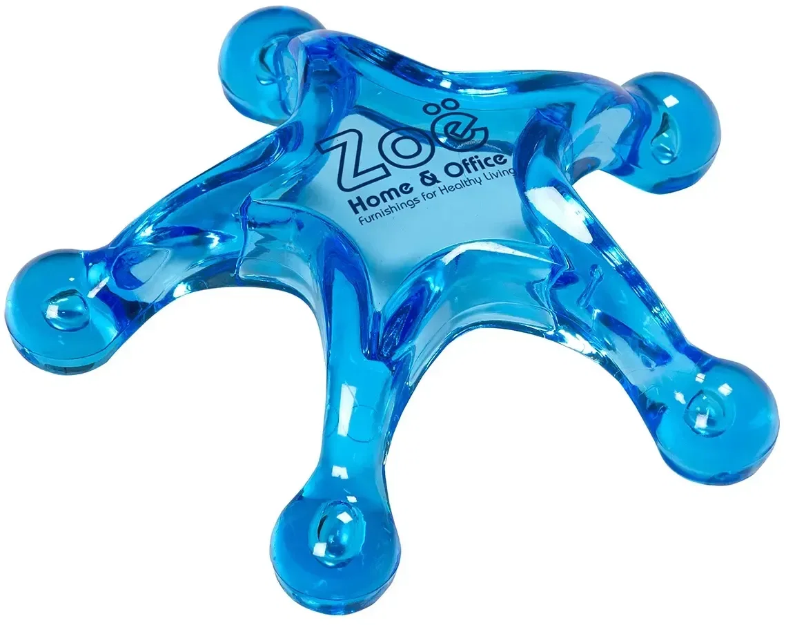 Close-up of the custom five-point star massager showing its rounded massage nubs and logo area