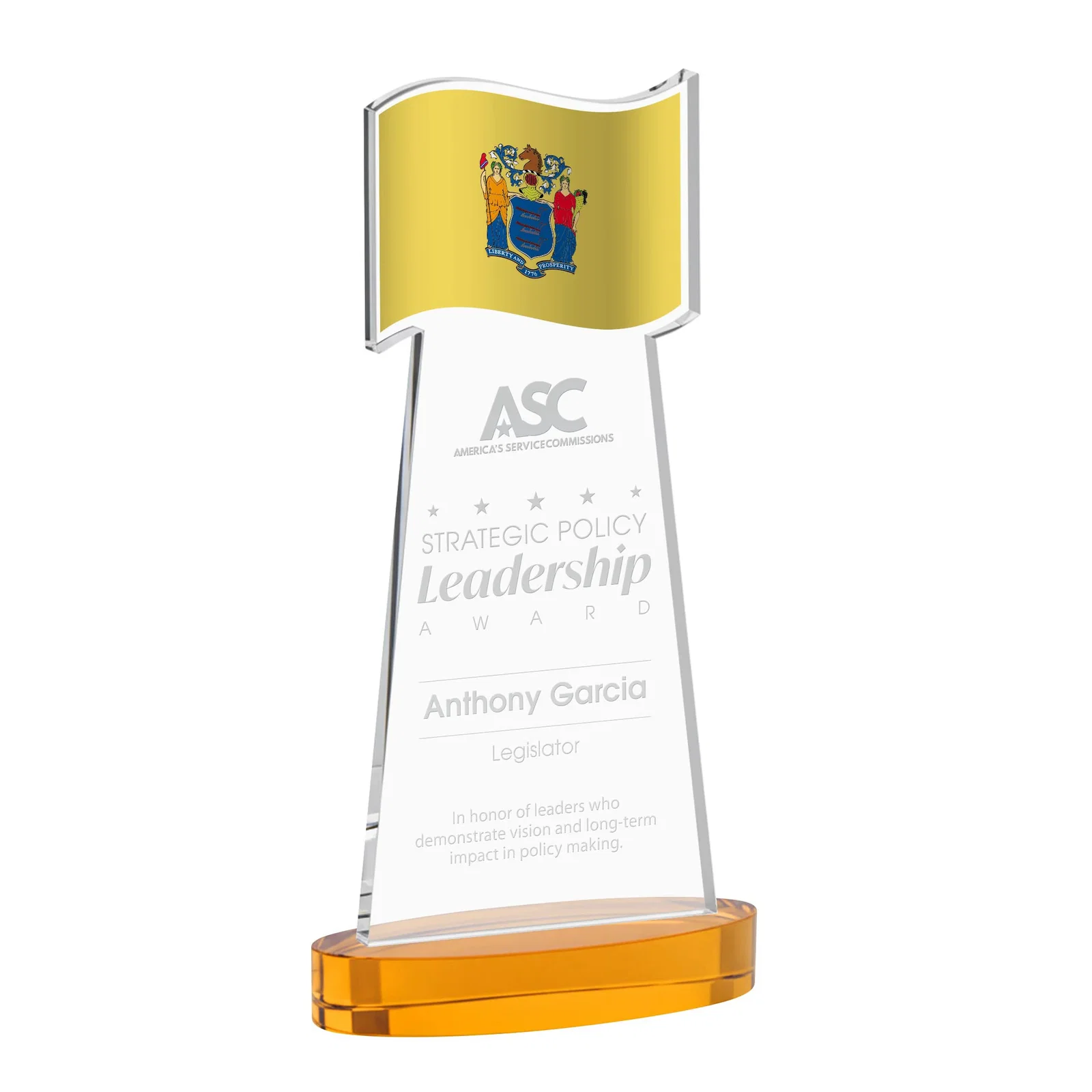 Custom Starfire Crystal Award with a Flag-Shaped Cutout for volunteer appreciation