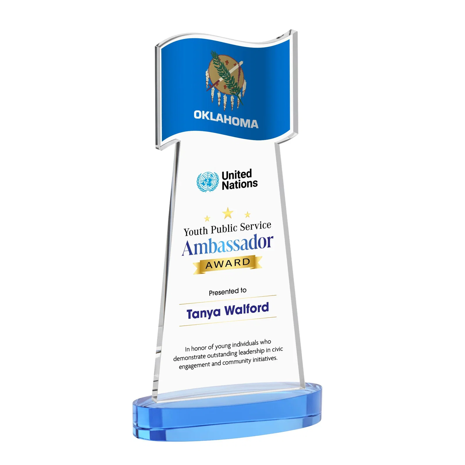 Customized Starfire Crystal Award with a Flag-Shaped Cutout for dealer and partner awards