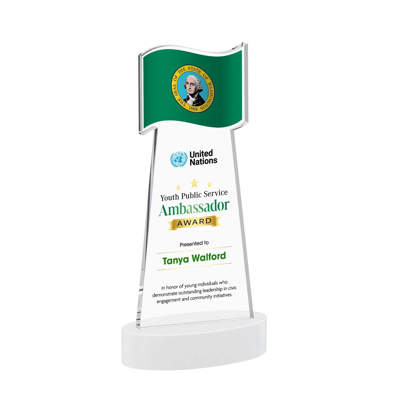 Custom engraved Starfire Crystal Award with a Flag-Shaped Cutout for employee recognition
