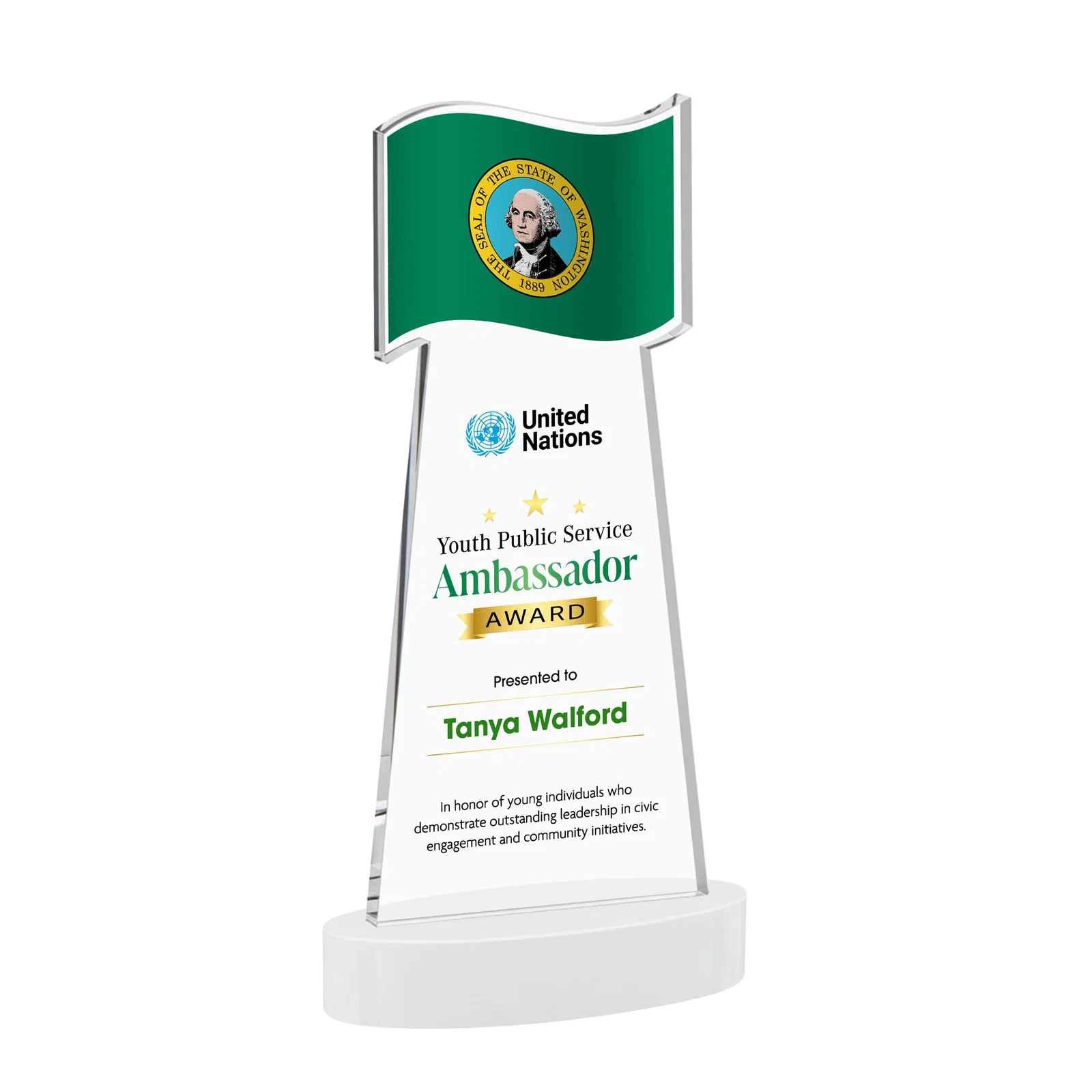 Custom engraved Starfire Crystal Award with a Flag-Shaped Cutout for corporate award ceremonies
