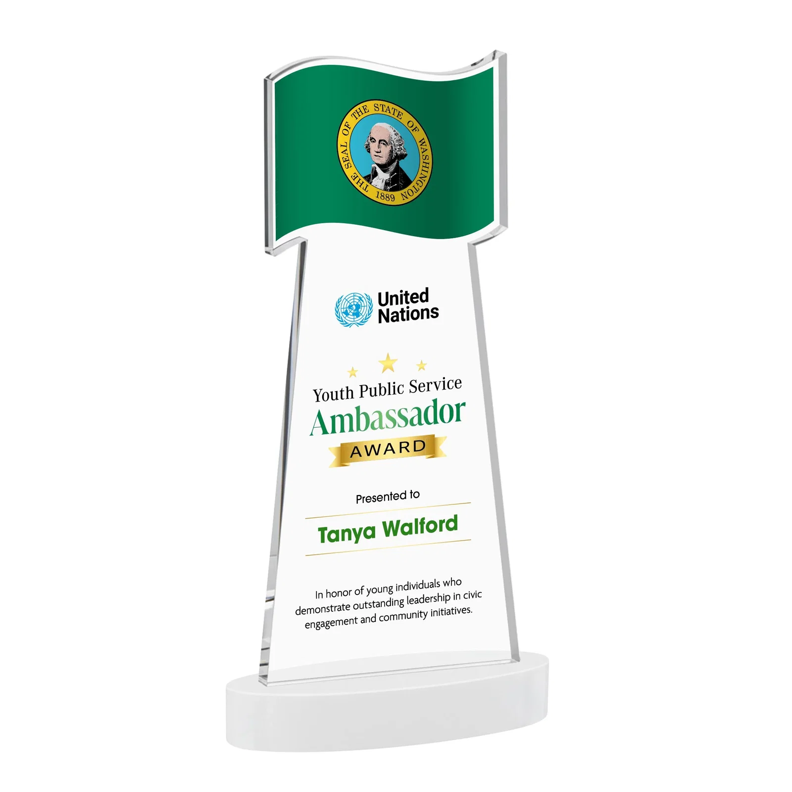 Custom engraved Starfire Crystal Award with a Flag-Shaped Cutout for service anniversary gifts