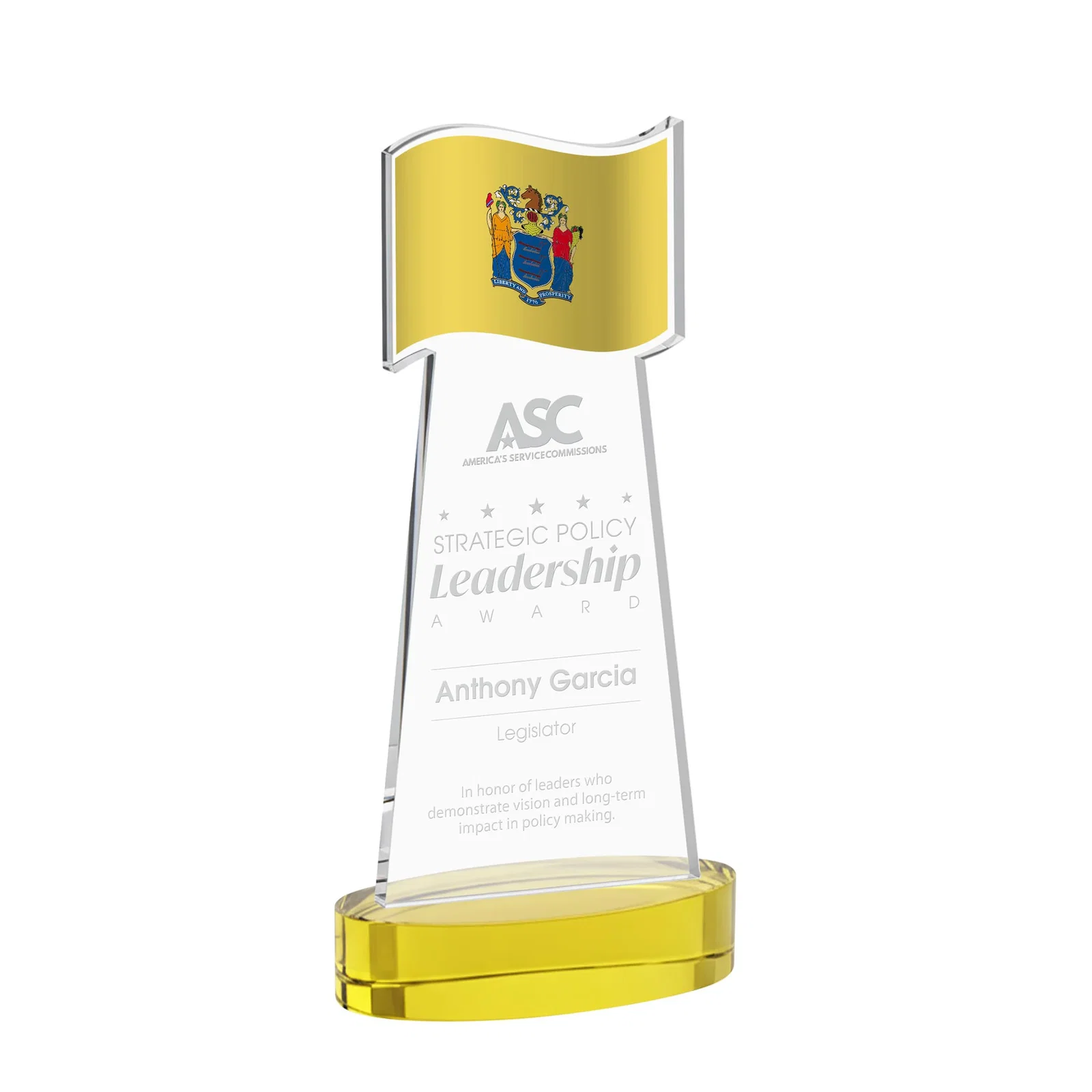 Custom Starfire Crystal Award with a Flag-Shaped Cutout for company anniversary events