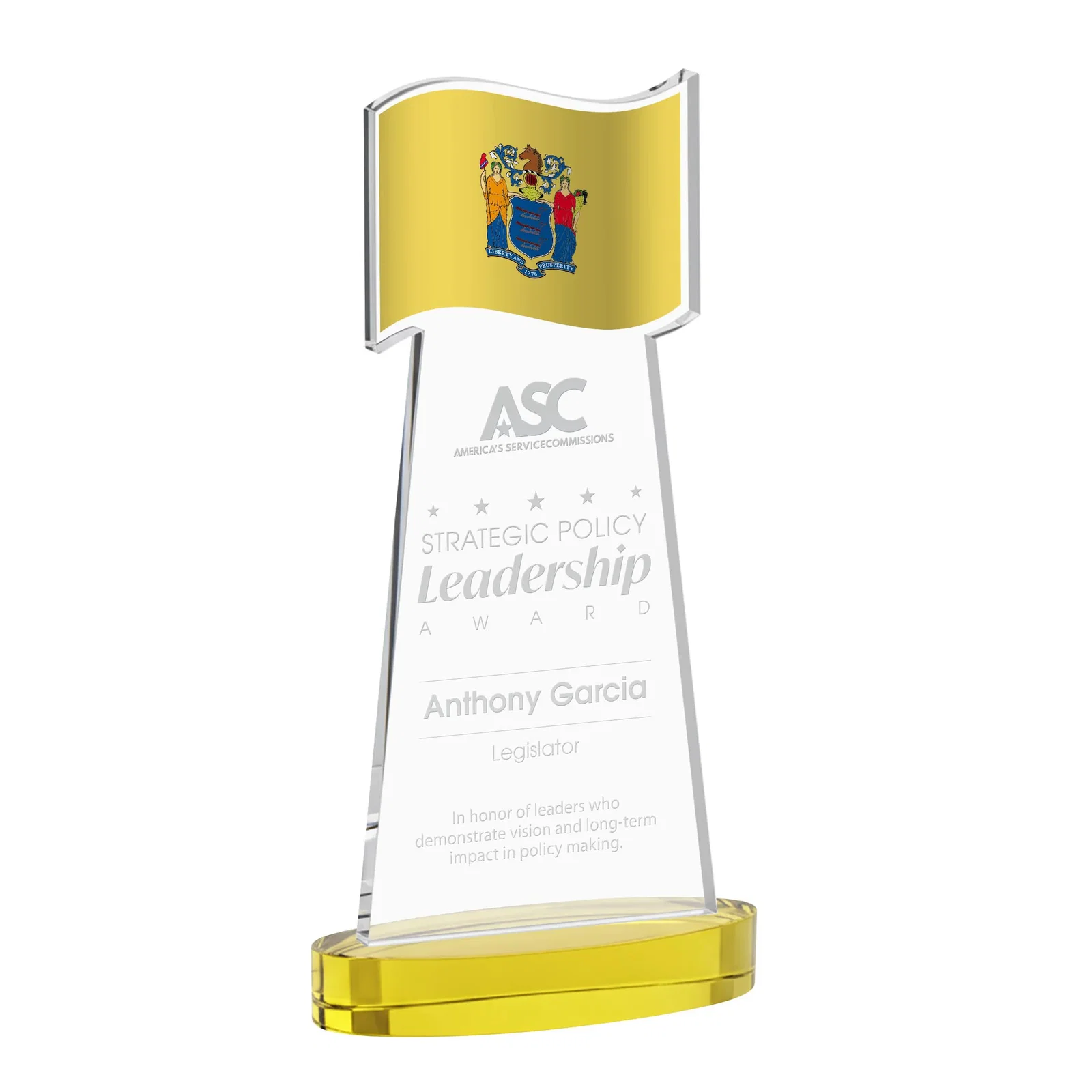 Personalized Starfire Crystal Award with a Flag-Shaped Cutout for corporate award ceremonies