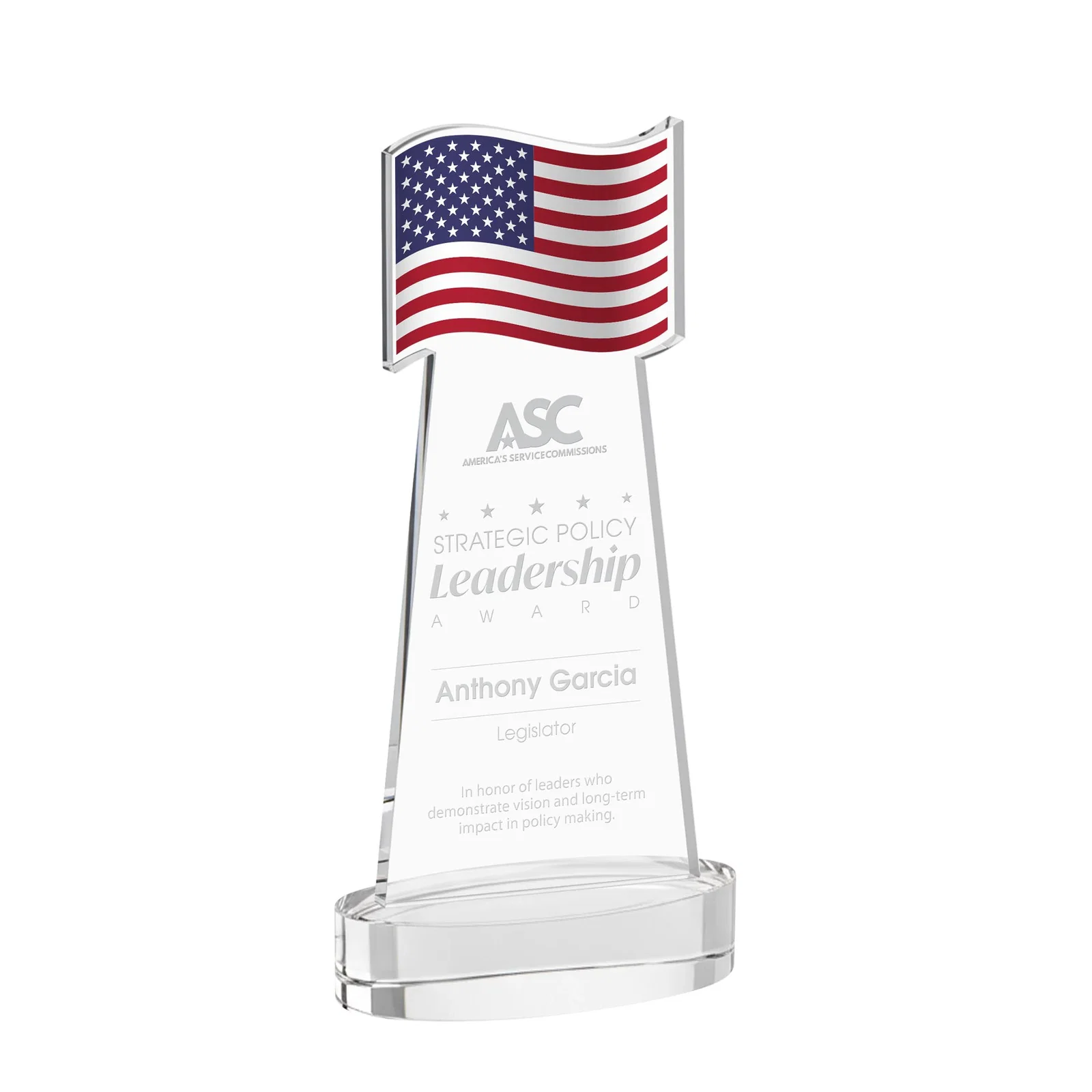 Custom Starfire Crystal Award with a Flag-Shaped Cutout for corporate award ceremonies