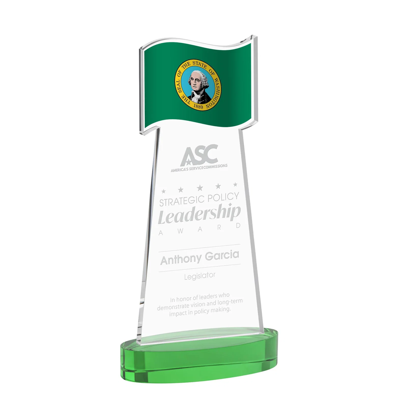 Personalized Starfire Crystal Award with a Flag-Shaped Cutout for retirement presentations