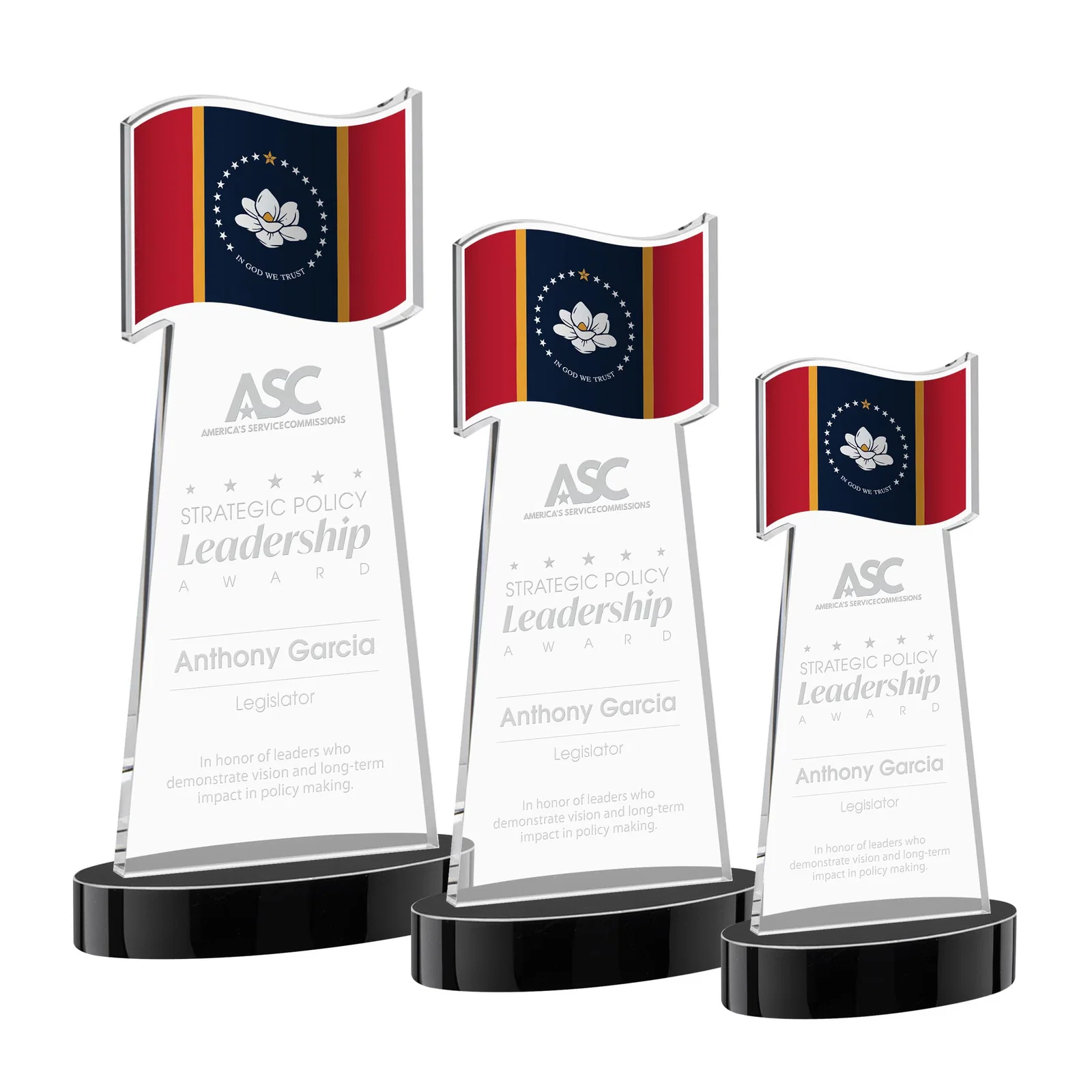 Personalized Starfire Crystal Award with a Flag-Shaped Cutout for donor appreciation
