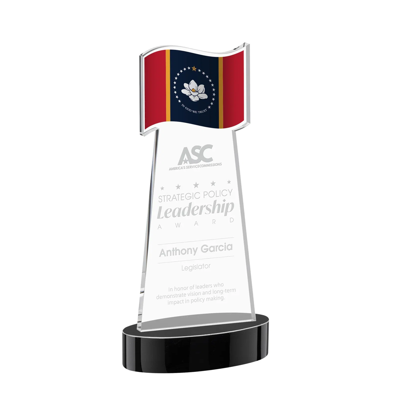 Personalized Starfire Crystal Award with a Flag-Shaped Cutout for graduation ceremonies