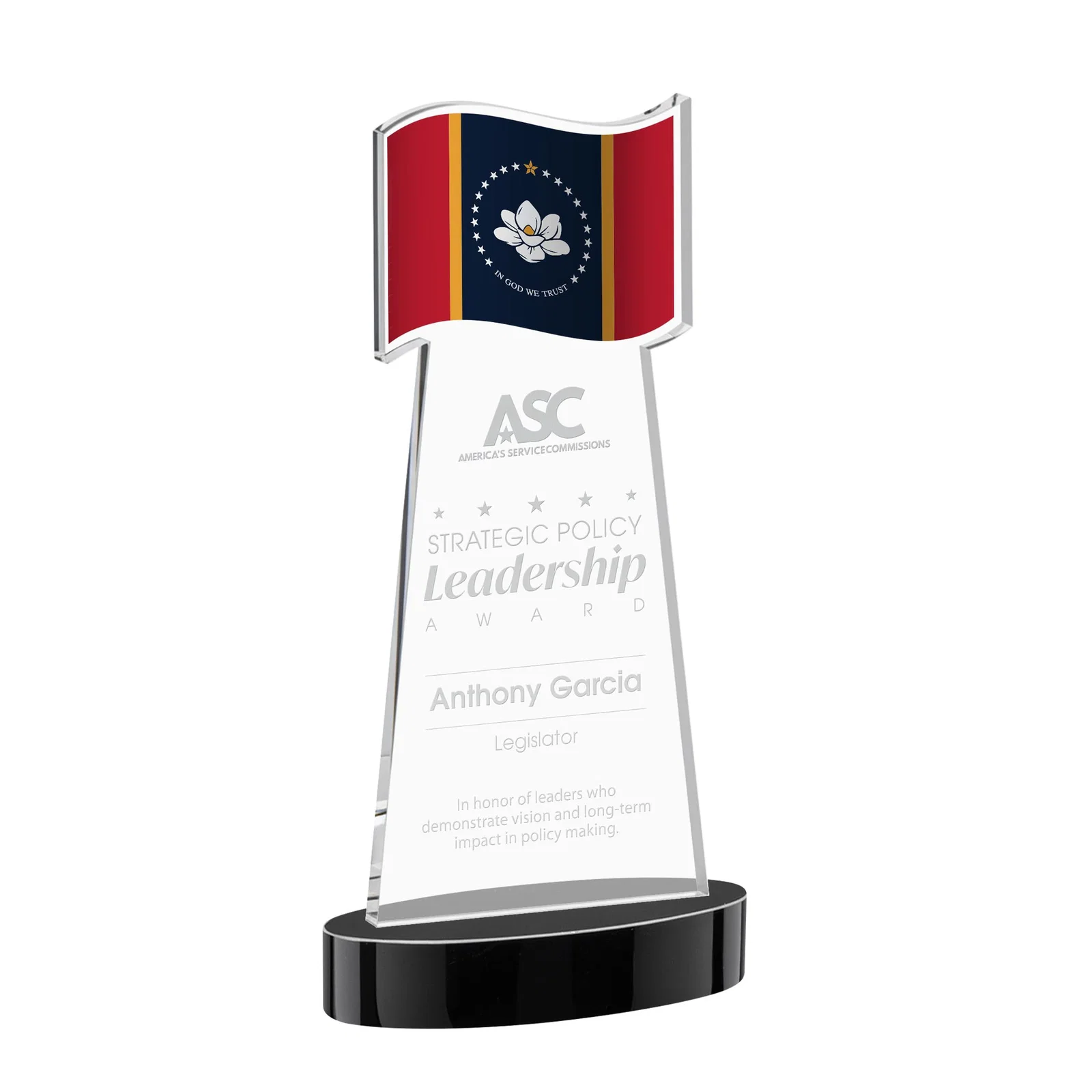 Personalized Starfire Crystal Award with a Flag-Shaped Cutout for safety achievement programs