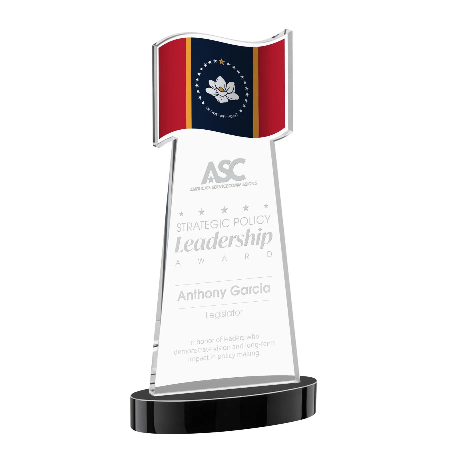 Personalized Starfire Crystal Award with a Flag-Shaped Cutout for volunteer appreciation