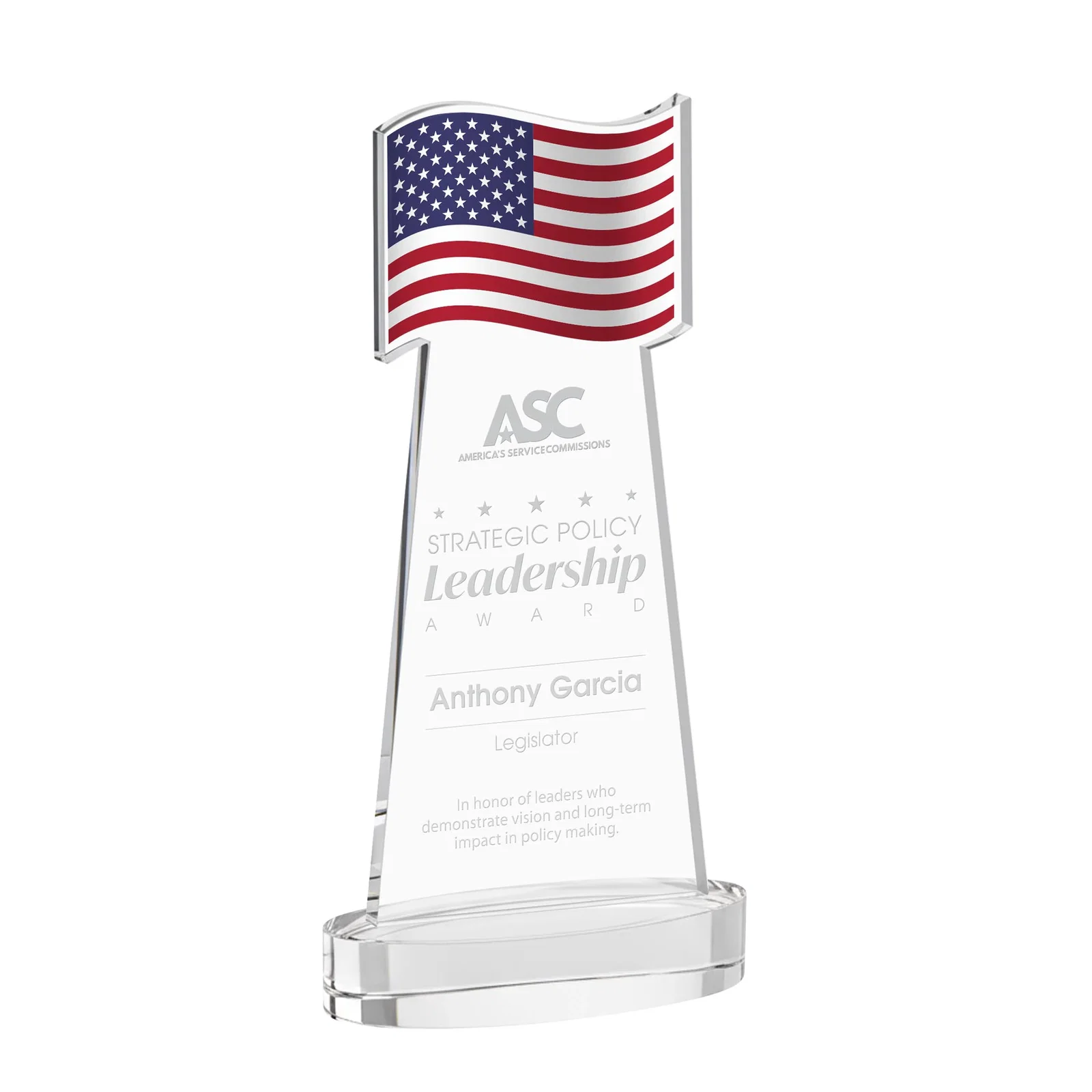 Custom Starfire Crystal Award with a Flag-Shaped Cutout for service anniversary gifts