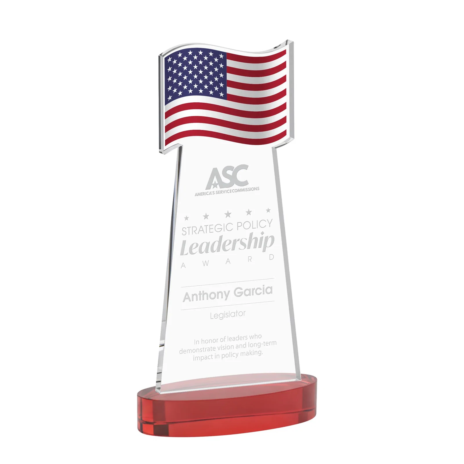 Promotional Starfire Crystal Award with a Flag-Shaped Cutout for retirement presentations