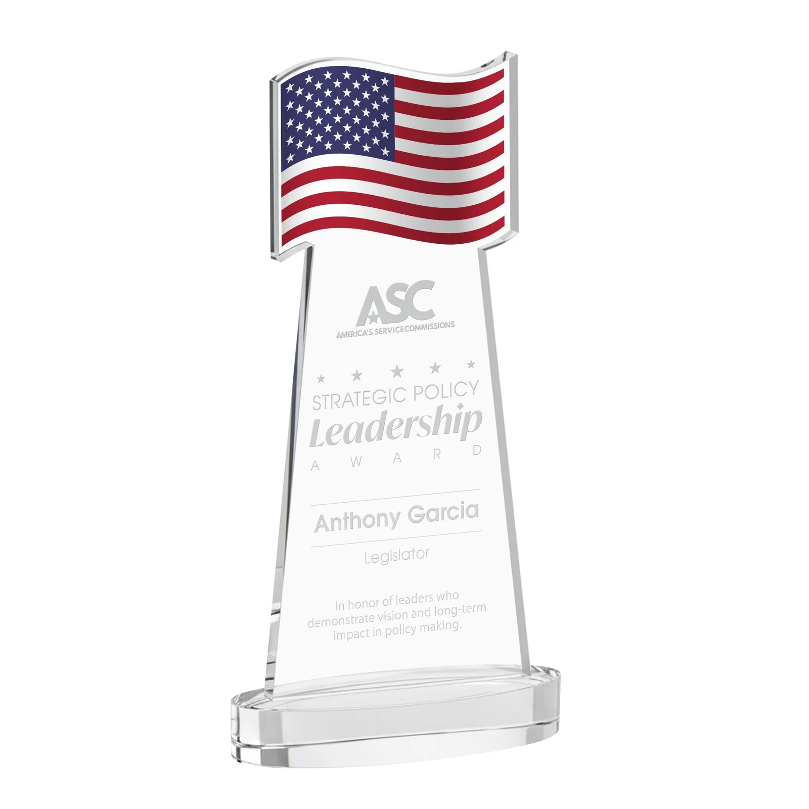 Custom Starfire Crystal Award with a Flag-Shaped Cutout for sales achievement awards
