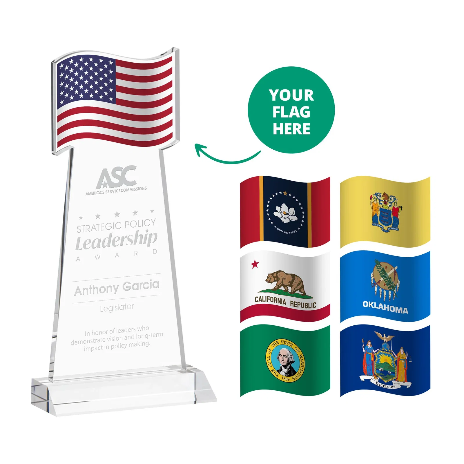 Custom Starfire Crystal Award with a Flag-Shaped Cutout for retirement presentations