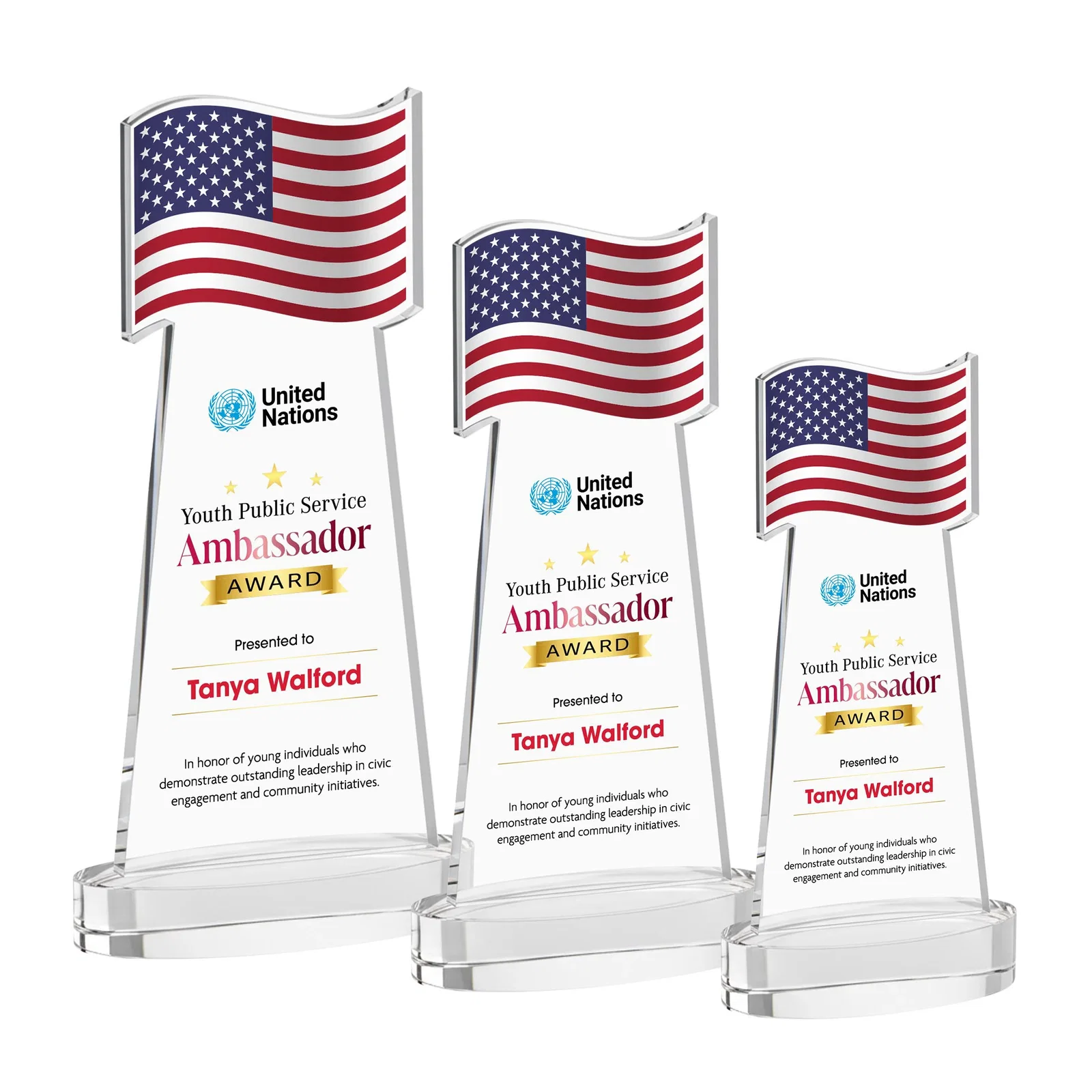Branded Starfire Crystal Award with a Flag-Shaped Cutout for service anniversary gifts