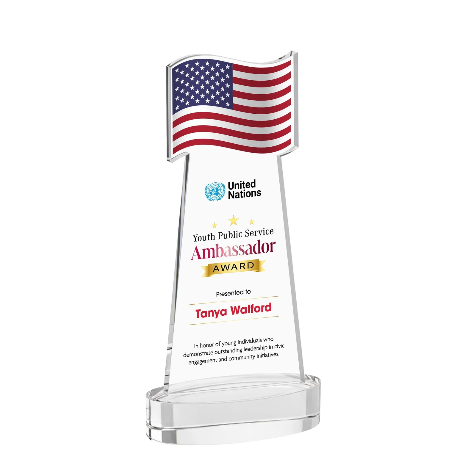 Branded Starfire Crystal Award with a Flag-Shaped Cutout for sales achievement awards