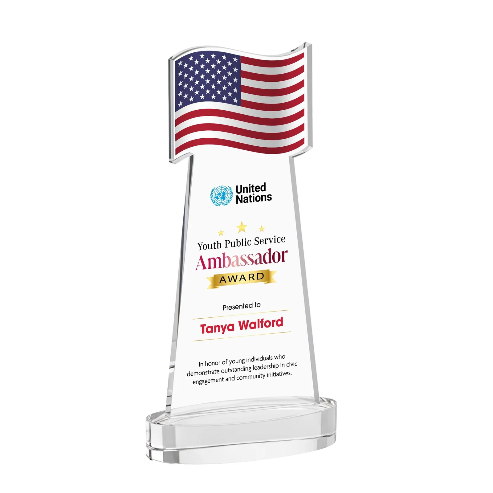 Branded Starfire Crystal Award with a Flag-Shaped Cutout for retirement presentations