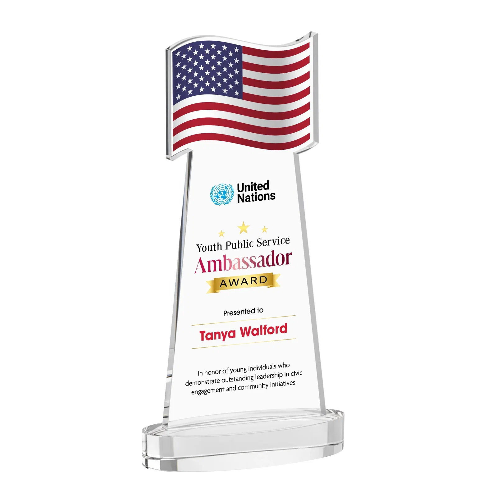 Branded Starfire Crystal Award with a Flag-Shaped Cutout for team milestone celebrations