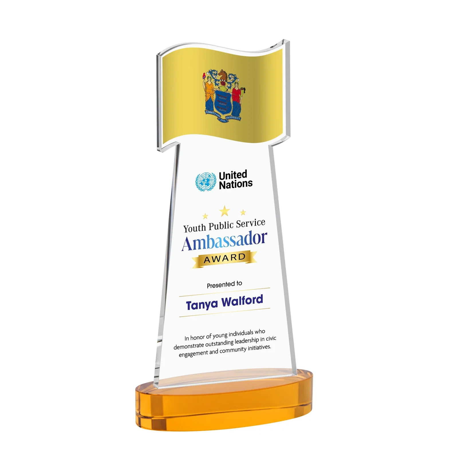 Branded Starfire Crystal Award with a Flag-Shaped Cutout for volunteer appreciation