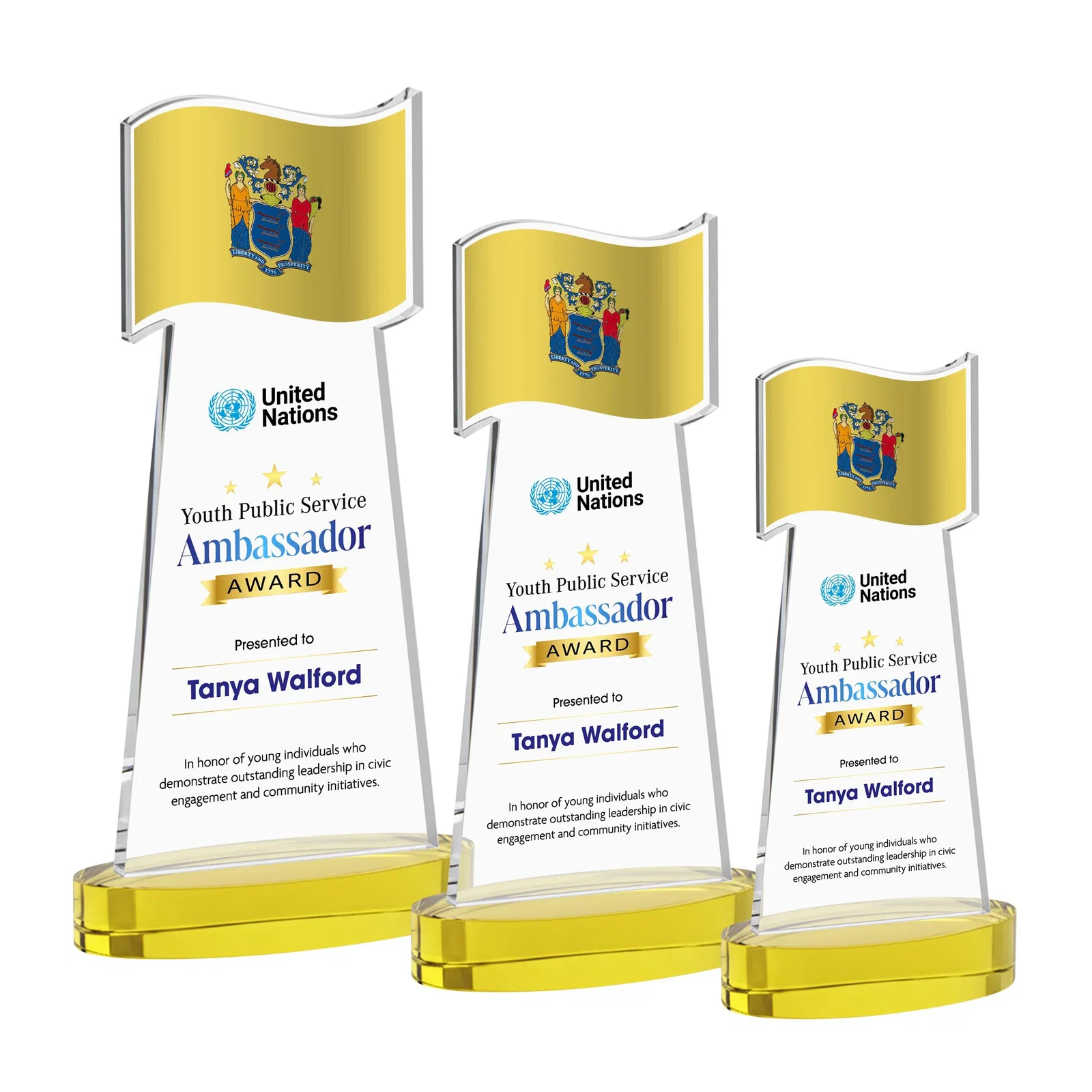 Branded Starfire Crystal Award with a Flag-Shaped Cutout for company anniversary events
