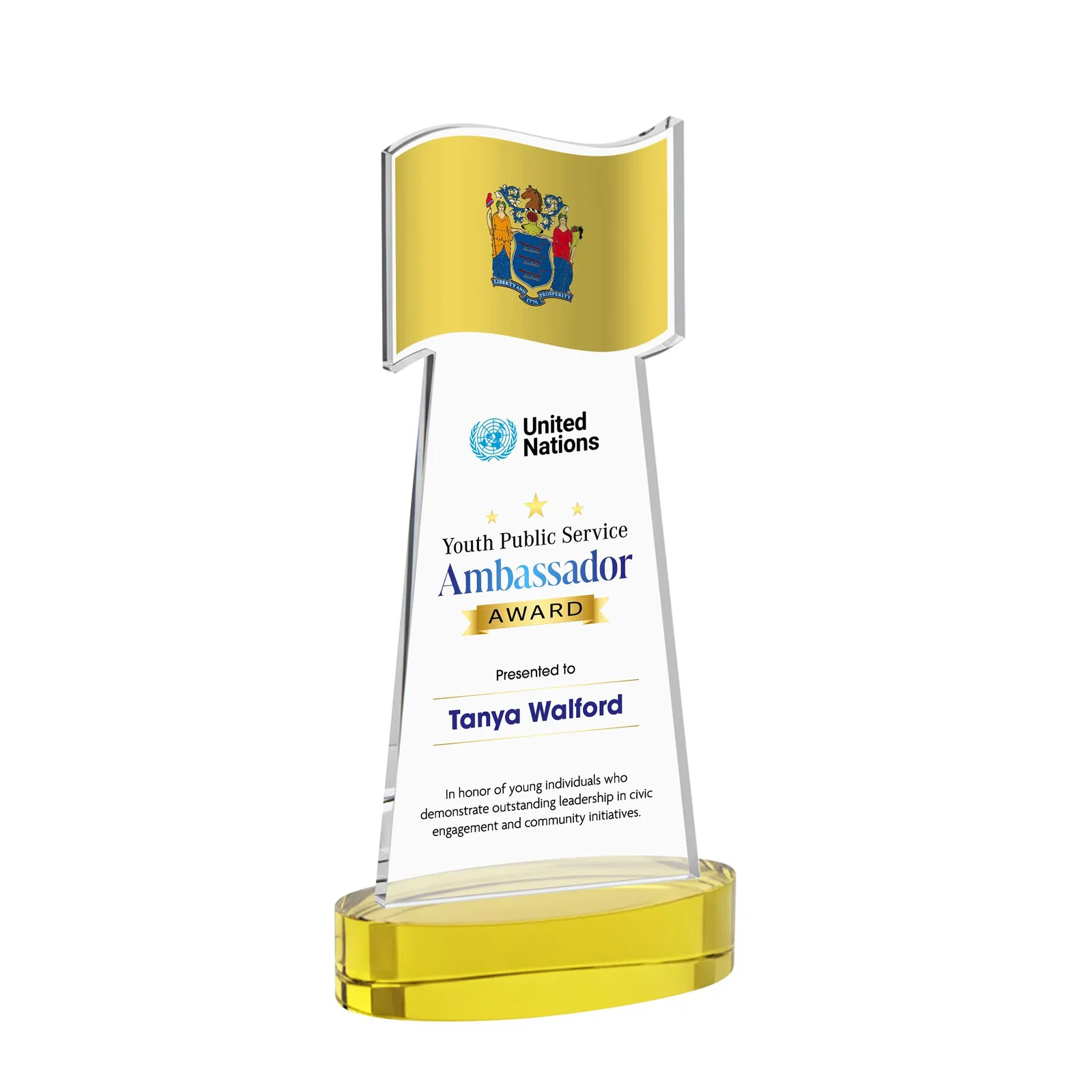 Custom printed Starfire Crystal Award with a Flag-Shaped Cutout for employee recognition