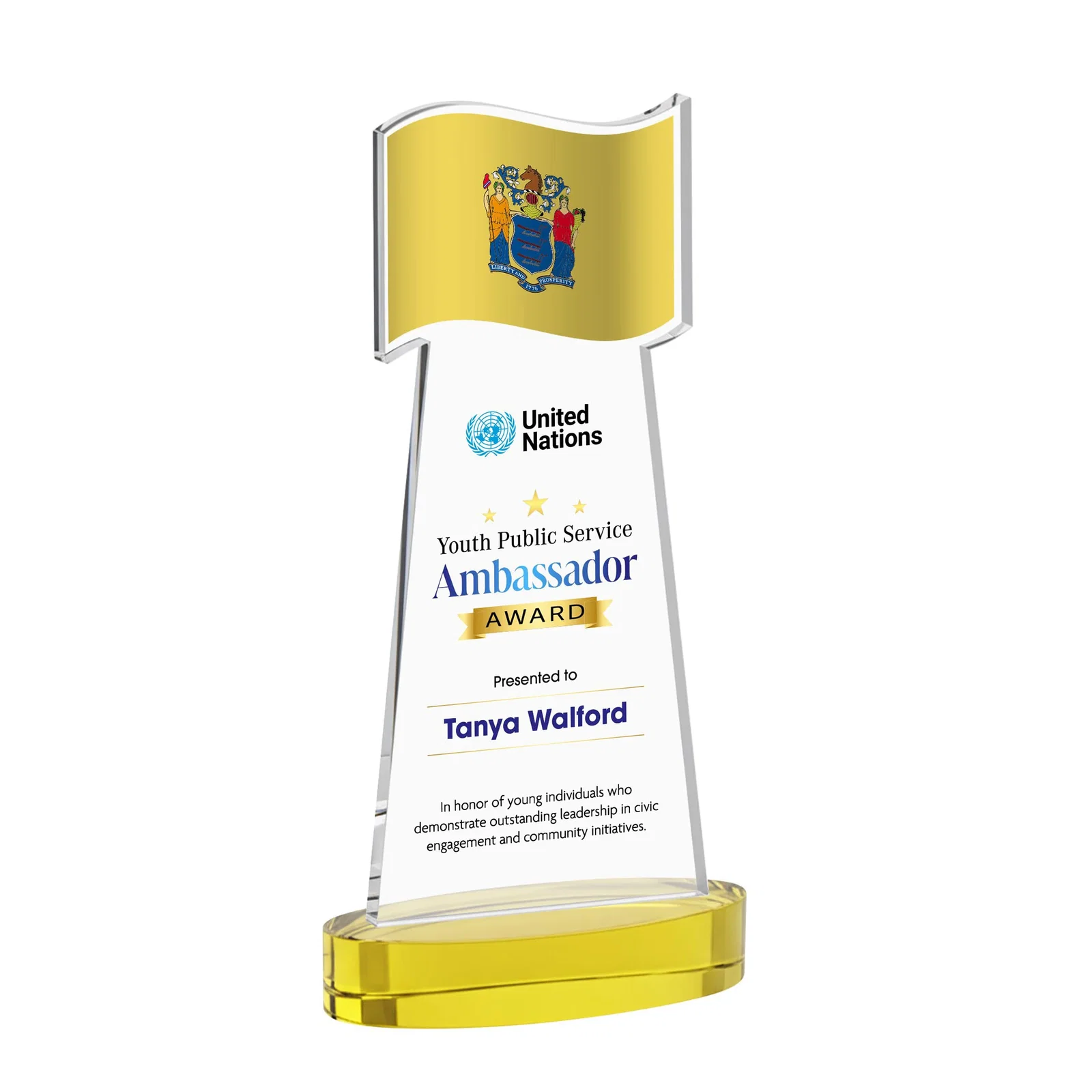 Custom printed Starfire Crystal Award with a Flag-Shaped Cutout for corporate award ceremonies