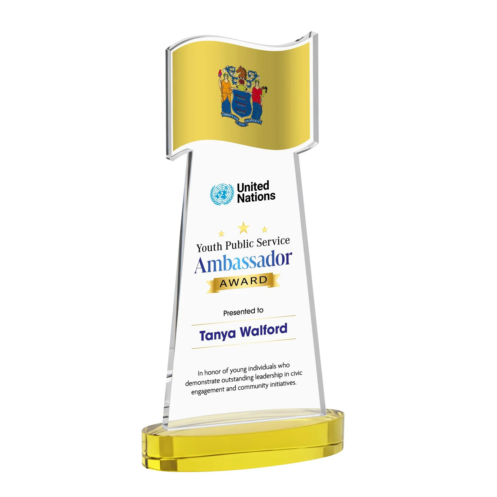 Custom printed Starfire Crystal Award with a Flag-Shaped Cutout for service anniversary gifts