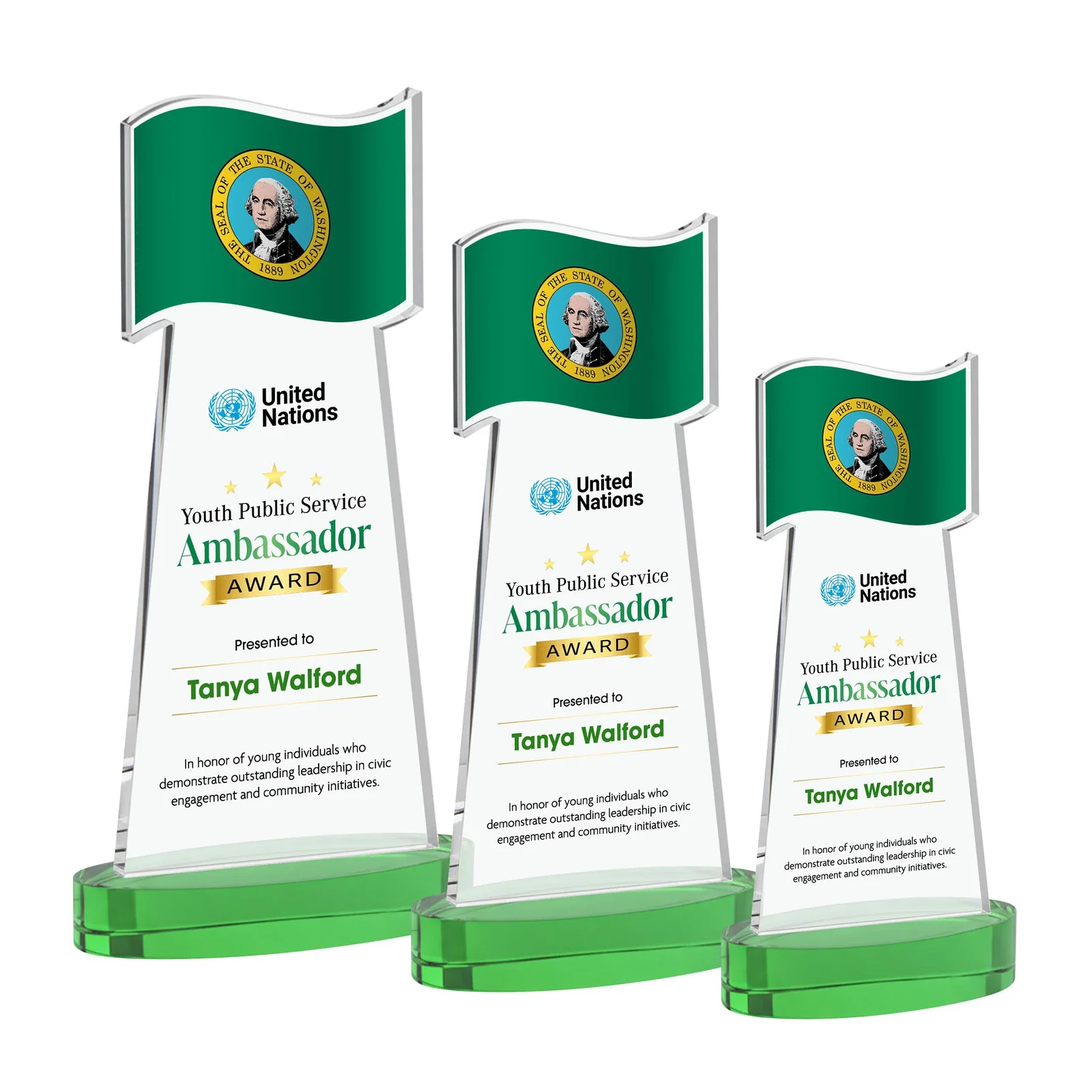 Custom printed Starfire Crystal Award with a Flag-Shaped Cutout for sales achievement awards