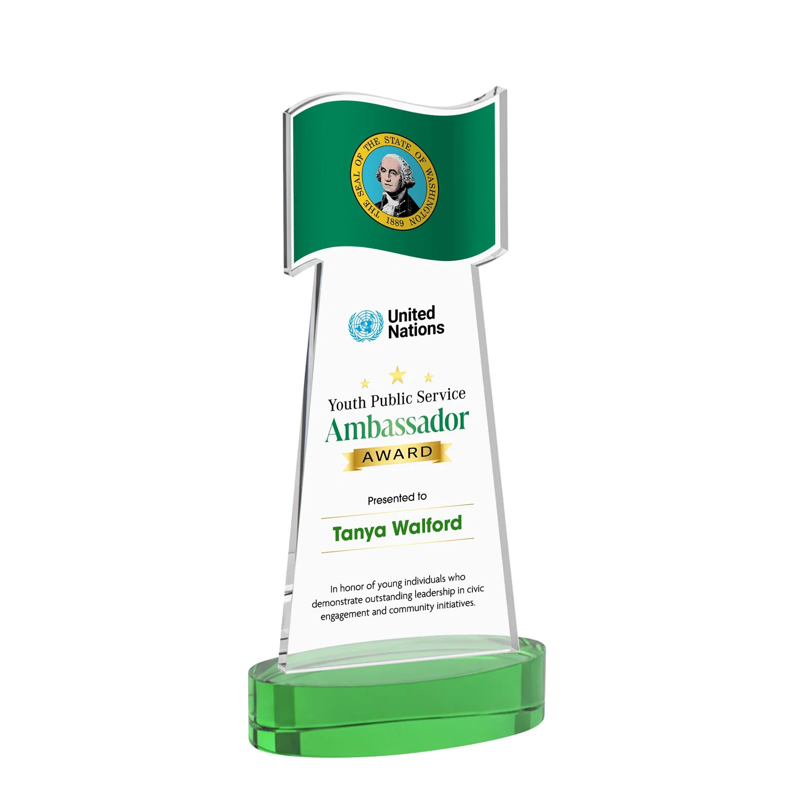 Custom printed Starfire Crystal Award with a Flag-Shaped Cutout for retirement presentations