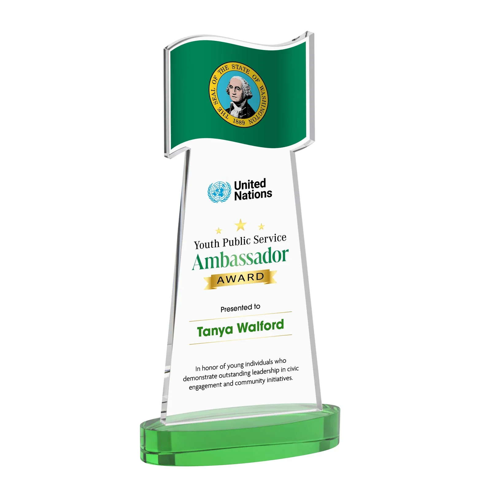 Custom printed Starfire Crystal Award with a Flag-Shaped Cutout for donor appreciation