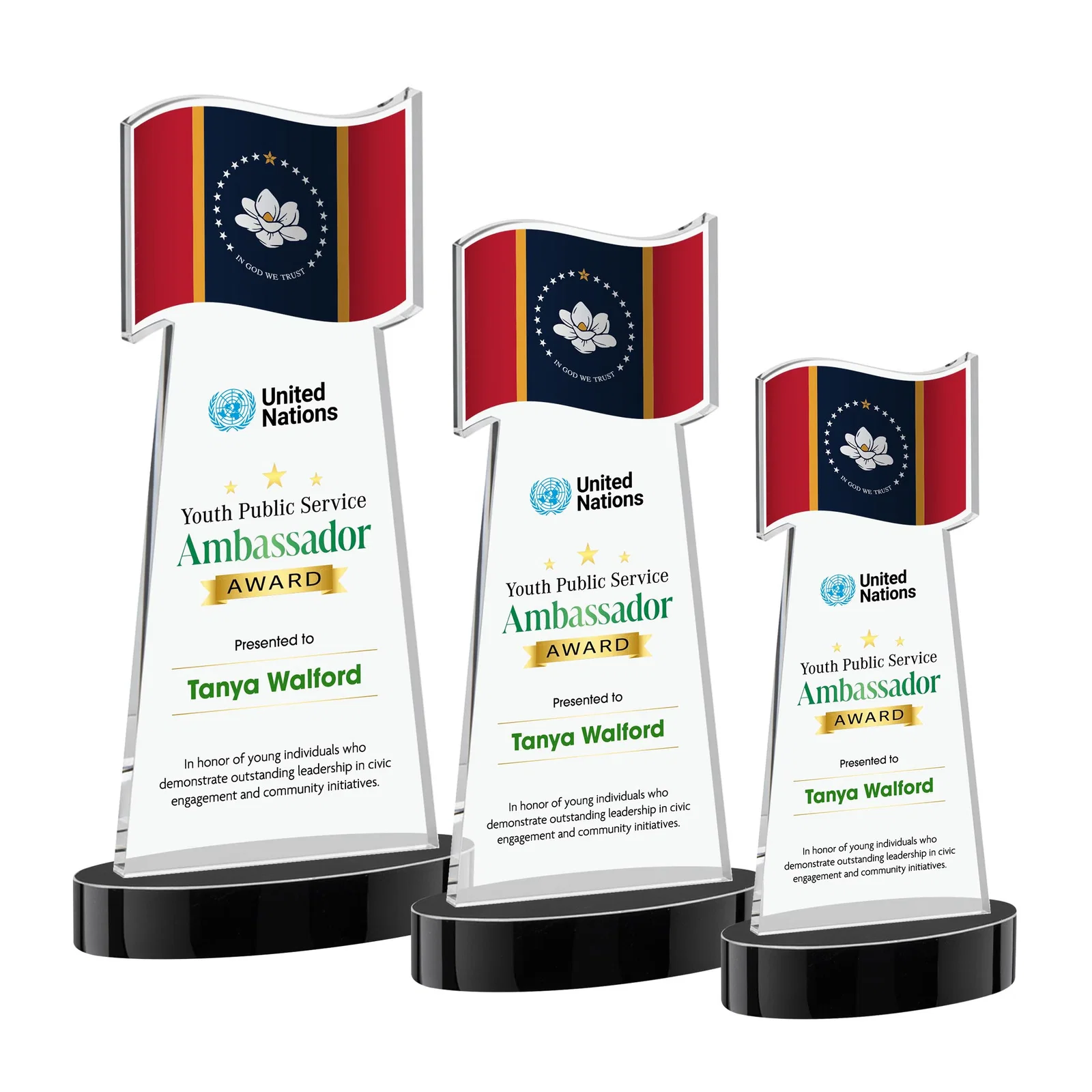 Custom printed Starfire Crystal Award with a Flag-Shaped Cutout for graduation ceremonies
